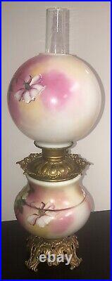 Vintage Hand Painted Electric Hurricane Parlor Table Lamp With Ball Globe 27