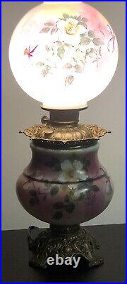 Vintage Hand Painted Electric Hurricane Parlor Table Lamp With Ball Globe 27