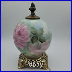 Vintage Hand-Painted Globe Lamp, Floral Rose Table Lamp Signed Marta Bacon, 9.5