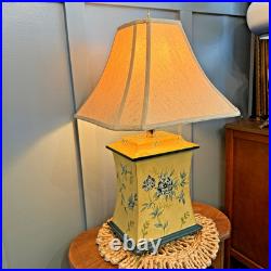 Vintage Hand Painted Wood Cottage Floral Table Lamp Silk Shade English Country