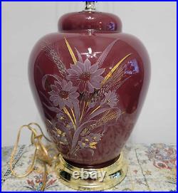 Vintage Hand painted Table Lamp Red Gold Floral Ceramic Sunflowers Signed Breeze