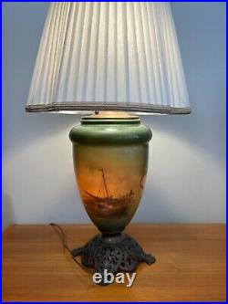 Vintage Handpainted Green Glass Vase & Brass Table Lamp, 32 T (Bottom to Top)