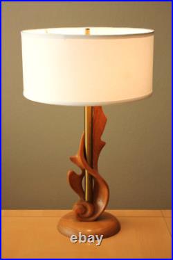 Vintage Heifetz Flame Figural Wood Table Lamp! Epic Modern Art Oak 1950s MCM