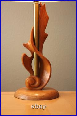 Vintage Heifetz Flame Figural Wood Table Lamp! Epic Modern Art Oak 1950s MCM