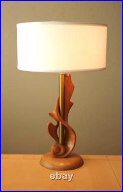 Vintage Heifetz Flame Figural Wood Table Lamp! Epic Modern Art Oak 1950s MCM
