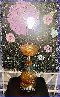 Vintage Hobnail Amber Glass Table Lamp Mid Century Modern