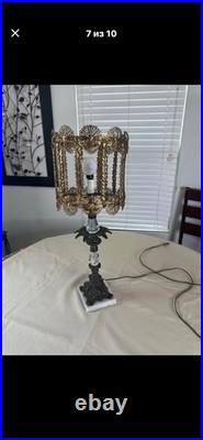 Vintage Hollywood Regency BrassCrystal Table Lamp Filigree Shade Marble Base STA