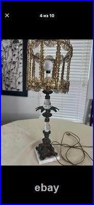 Vintage Hollywood Regency BrassCrystal Table Lamp Filigree Shade Marble Base STA