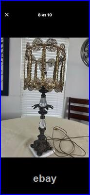 Vintage Hollywood Regency BrassCrystal Table Lamp Filigree Shade Marble Base STA