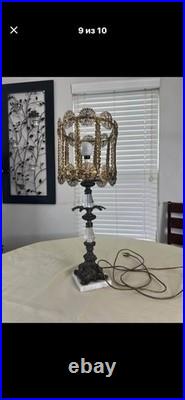 Vintage Hollywood Regency BrassCrystal Table Lamp Filigree Shade Marble Base STA