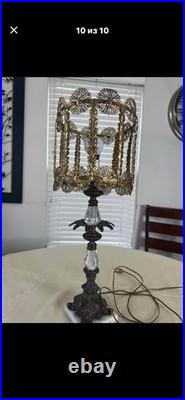 Vintage Hollywood Regency BrassCrystal Table Lamp Filigree Shade Marble Base STA