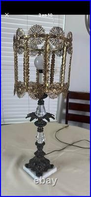 Vintage Hollywood Regency BrassCrystal Table Lamp Filigree Shade Marble Base STA