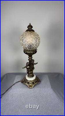 Vintage Hollywood Regency Brass Cherub Table Lamp Cut Glass Globe Marble Base