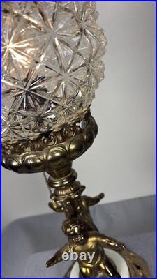 Vintage Hollywood Regency Brass Cherub Table Lamp Cut Glass Globe Marble Base Vintage Hollywood Regency Brass Cherub Table Lamp Cut Glass Globe Marble Base