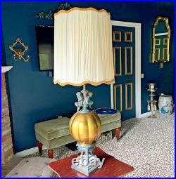 Vintage Hollywood Regency Cherub Table Lamp with Amber Glass Urn & Pleated Shade