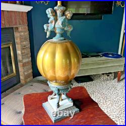 Vintage Hollywood Regency Cherub Table Lamp with Amber Glass Urn & Pleated Shade