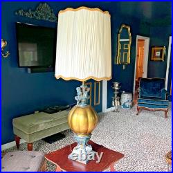 Vintage Hollywood Regency Cherub Table Lamp with Amber Glass Urn & Pleated Shade