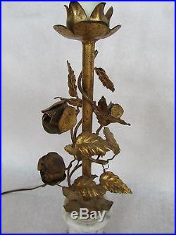 Vintage Hollywood Regency Cottage Chic Italian Gild Tole Table Lamp Rose/Marble