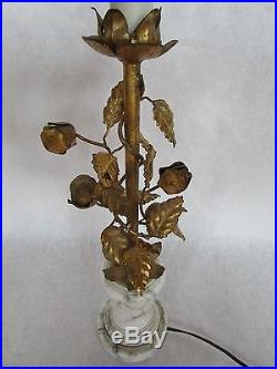 Vintage Hollywood Regency Cottage Chic Italian Gild Tole Table Lamp Rose/Marble