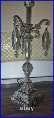 Vintage Hollywood Regency Crystal & Metal Table Lamp Marble Base -ITALY