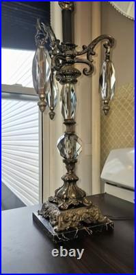 Vintage Hollywood Regency Crystal & Metal Table Lamp Marble Base -ITALY