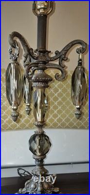 Vintage Hollywood Regency Crystal & Metal Table Lamp Marble Base -ITALY