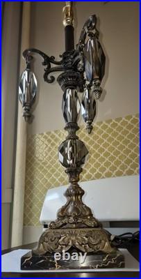 Vintage Hollywood Regency Crystal & Metal Table Lamp Marble Base -ITALY