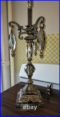 Vintage Hollywood Regency Crystal & Metal Table Lamp Marble Base -ITALY