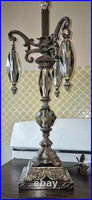 Vintage Hollywood Regency Crystal & Metal Table Lamp Marble Base -ITALY