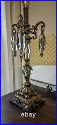 Vintage Hollywood Regency Crystal & Metal Table Lamp Marble Base -ITALY