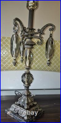 Vintage Hollywood Regency Crystal & Metal Table Lamp Marble Base -ITALY