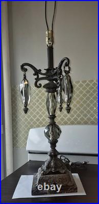 Vintage Hollywood Regency Crystal & Metal Table Lamp Marble Base -ITALY