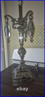 Vintage Hollywood Regency Crystal & Metal Table Lamp Marble Base -ITALY