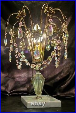 Vintage Hollywood Regency Crystal Waterfall Boudoir Table Lamp Iridescent Prisms