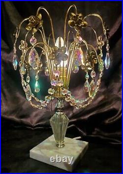 Vintage Hollywood Regency Crystal Waterfall Boudoir Table Lamp Iridescent Prisms