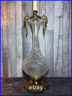 Vintage Hollywood Regency Cut Glass Table Lamp Ornate Brass Base Harp Finial 25