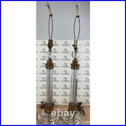 Vintage Hollywood Regency Fluted Glass and Brass Column Table Lamps Pair 33