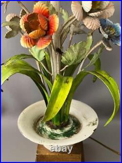 Vintage Hollywood Regency Italian Wood & Metal Tole Wild Flower Pot Table Lamp
