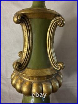 Vintage Hollywood Regency Olive Green & Gold Urn Table Lamp With Original Shade