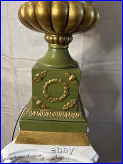 Vintage Hollywood Regency Olive Green & Gold Urn Table Lamp With Original Shade