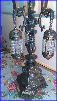 Vintage Hollywood Regency Ornate Metal Decorative Spelter Lamp / Glass Prisms