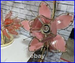Vintage Hollywood Regency Style Pink Lotus Glass Flower Lamps Lot of 2
