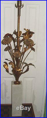 Vintage Hollywood Regency Tole Brass & White Marble Floral Table Lamp Marbro Era