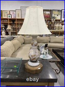 Vintage Hollywood Regency White Satin Glass Table Lamp Gold Floral