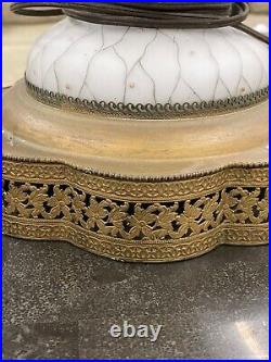 Vintage Hollywood Regency White Satin Glass Table Lamp Gold Floral