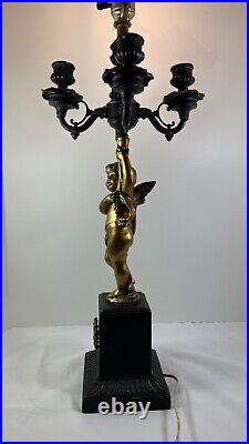 Vintage Hollywood Regency Winged Cherub Table Lamp Black and Gold