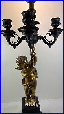 Vintage Hollywood Regency Winged Cherub Table Lamp Black and Gold