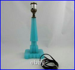 Vintage Houzex Blue Glass Skyscraper Table Lamp, Art Deco, Original Label