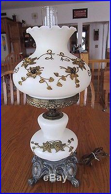 Vintage Hurricane Cream Glass Lamp Antique Gold Embossed Floral 23 Tall EUC