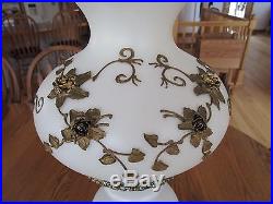 Vintage Hurricane Cream Glass Lamp Antique Gold Embossed Floral 23 Tall EUC